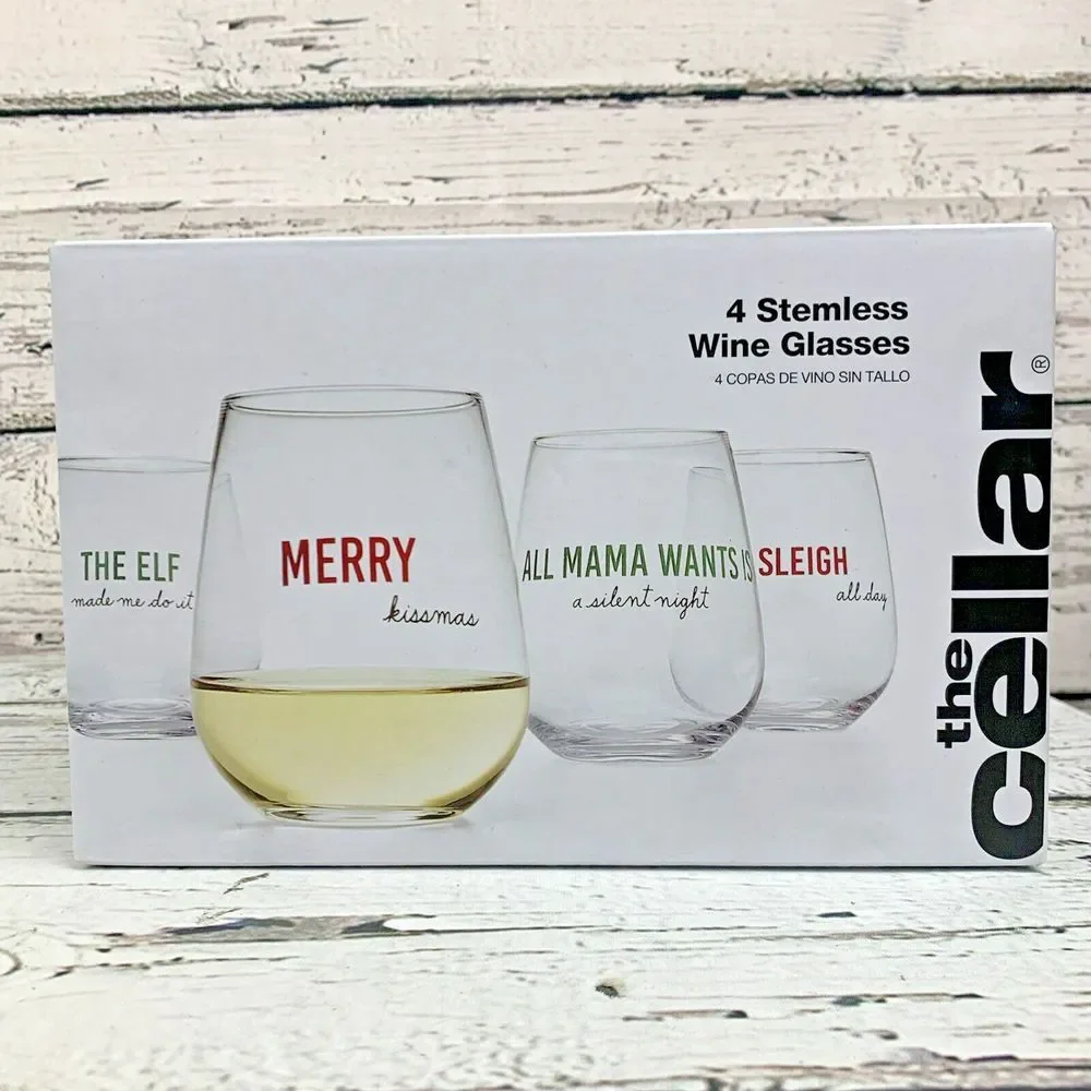 The Cellar Stemless Wine Glasses Set of 4 Christmas Holiday Sayings New‎